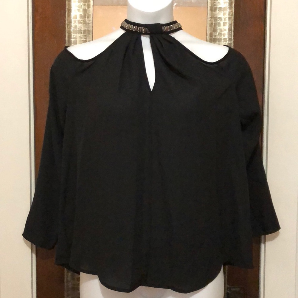 🏷 Sheer black cold shoulder blouse w/sequin neck